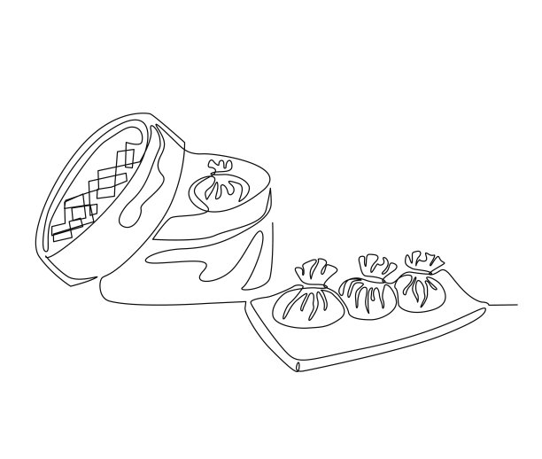 连续一行画点心或烧麦。简单线条艺术矢量设计。图片下载