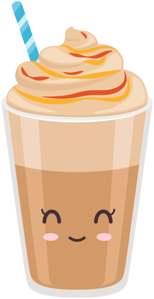 可爱的咖啡拿铁，泡沫和糖浆贴纸卡哇伊。热饮的杯子与积极的情绪图片下载