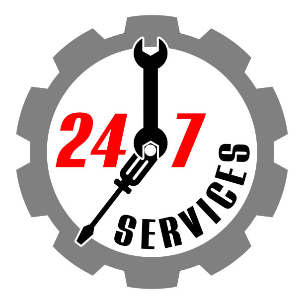 24/7服务文本和螺丝刀扳手标志与齿轮手表。汽车维修服务，机械师车间矢量图标。图片下载