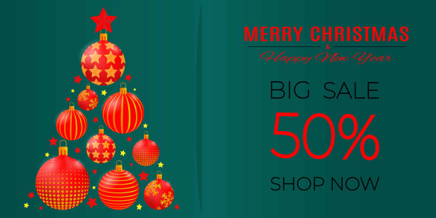 销售横幅与圣诞树，圣诞球和蝴蝶结在橙色和红色的绿色背景。图片下载