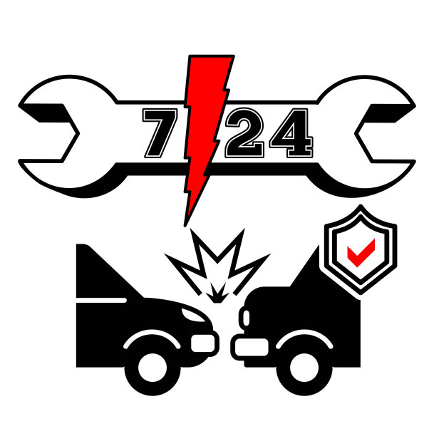 24/7服务文本，扳手和车祸插图。汽车维修服务，机械师车间矢量图标。图片下载