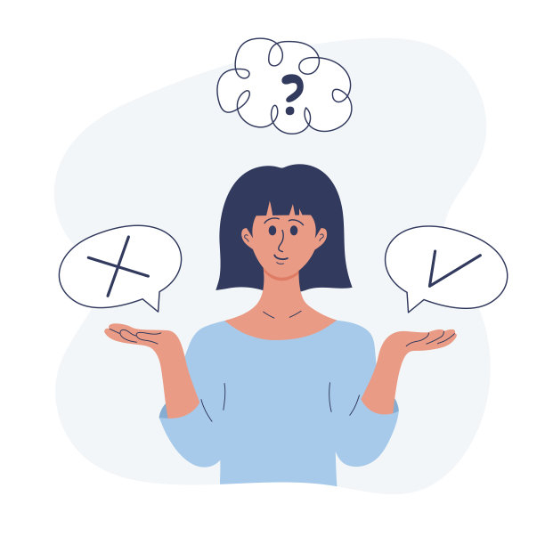 女孩在做是或否的选择，想着这个或那个决定。创意、头脑风暴、商业决策、思考、解决方案、艰难选择、困境的概念。图片下载