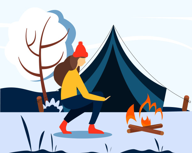 女游客在火边暖手。积极的生活方式的概念，徒步旅行，户外娱乐。可爱的冬季插画在平面风格图片下载