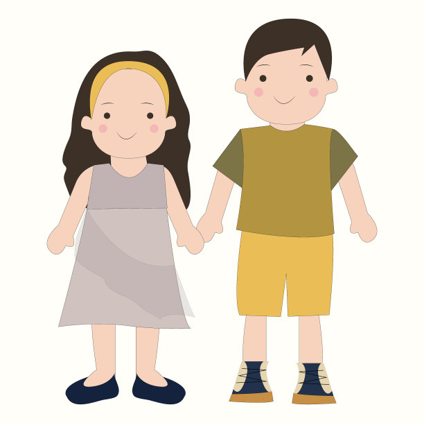两个男孩和女孩牵着手可爱的插画图片下载