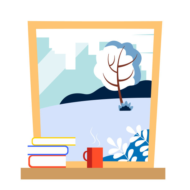 窗户上有一叠书和一杯热茶。冬季插画在平面风格。图片下载