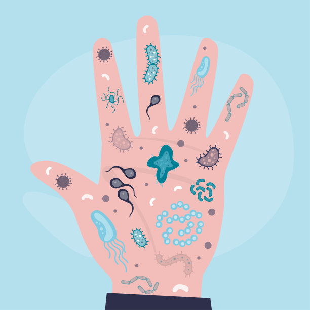 脏手，手掌上有各种微生物和细菌。不卫生的环境，不洗手的手上有各种病原体和寄生虫。卫生保健,微生物学。图片下载