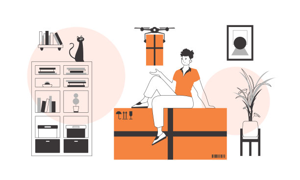 那家伙用无人机送包裹。空气输送的概念。线性时尚风格。图片下载