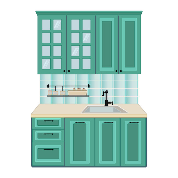 厨房的家具，橱柜，水槽和架子隔离在白色背景。图片下载