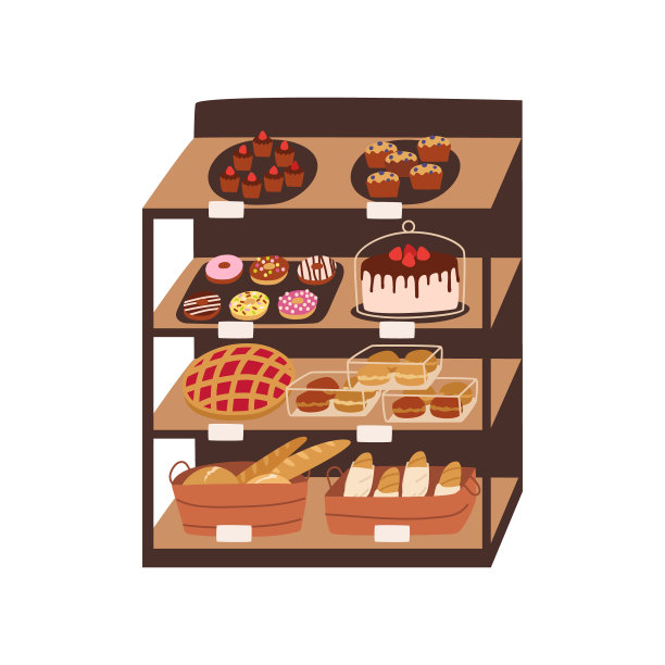 展示新鲜的糕点。货架上面包店和糕点产品的卡通矢量插图。甜甜圈、蛋糕和其他出售的物品。图片下载
