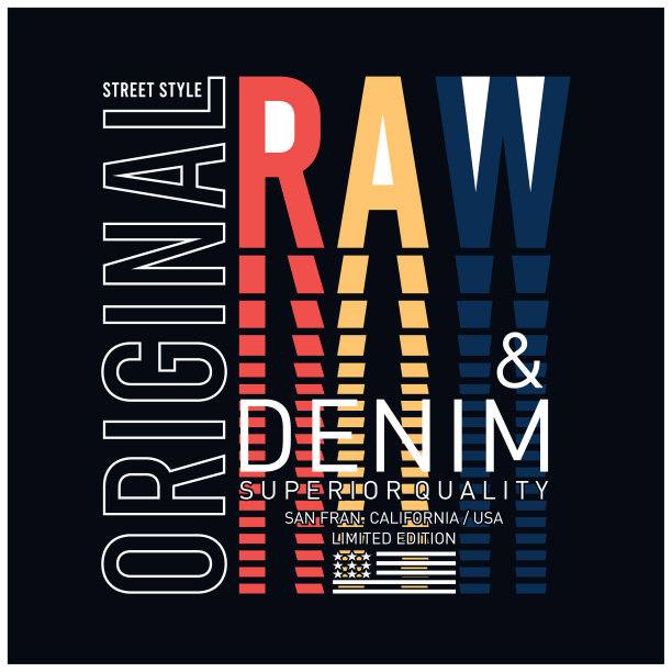 矢量插图的主题是美国牛仔裤，原始和牛仔布。印刷术，t恤图形，印刷，海报，横幅，传单，明信片-矢量。图片下载