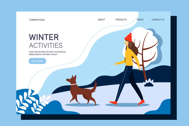 公园里遛狗的女人。着陆页模板。可爱的冬季插画在平面风格。图片下载