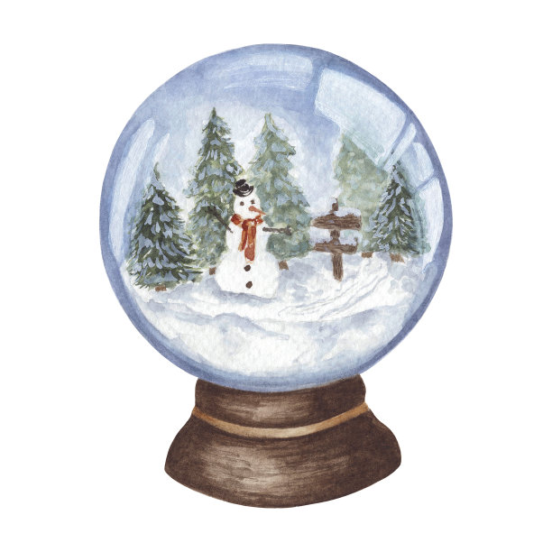 雪花球与冬季景观和雪人圣诞玩具孤立在白色背景图片下载