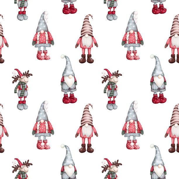 圣诞斯堪的纳维亚侏儒和鹿无缝模式，手绘插图在白色背景图片下载