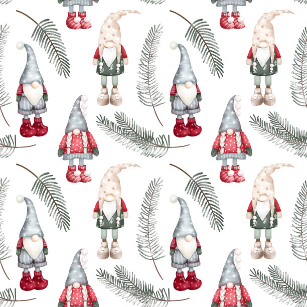 圣诞节斯堪的纳维亚侏儒和冬天冷杉树枝无缝的图案图片下载
