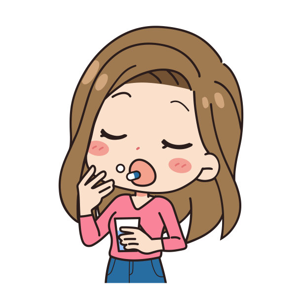 上半身一个正在吃药的女人的插图。图片下载