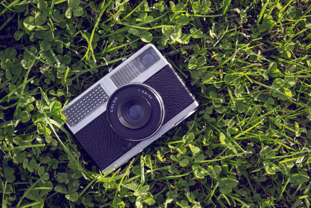 草地上的老式胶片相机图片下载
