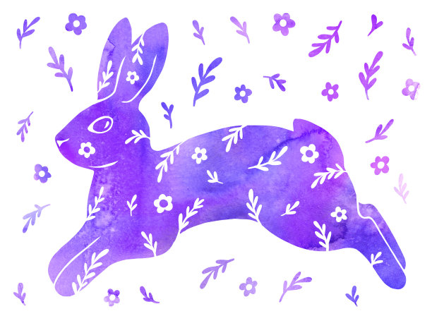 有花和叶子的水彩画花兔子。野兔的剪影。一个可爱的手绘图形插图。图片下载