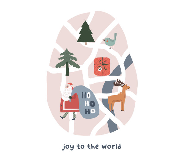 可爱的冬季地图与圣诞老人，驼鹿动物，圣诞树，鸟，礼物图片下载