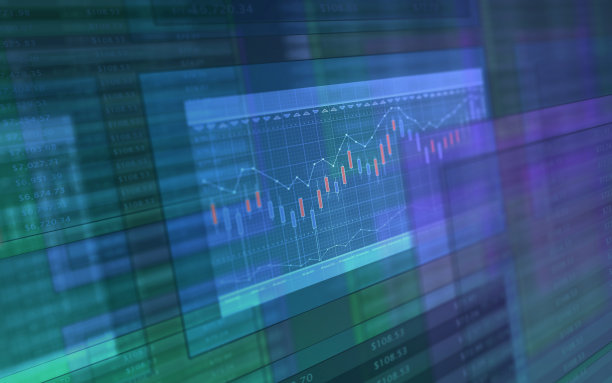 3d财务图表图表烛台，外延值，平均趋势线。蓝色和绿色的伽马标签说明。图片下载