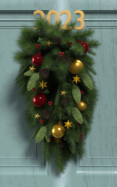 2023圣诞树花环挂在绿色木门上图片下载