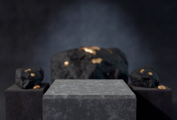3D渲染黄金在黑色岩石豪华背景的产品展示。空的圆柱讲台，空的产品展柜，稀疏的台座图片下载
