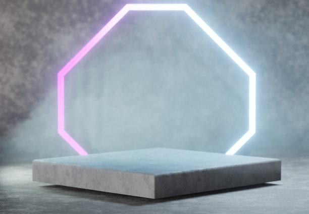 产品展示的3D渲染最小抽象背景。空荡荡的方形混凝土平台上闪烁着霓虹灯，空空的产品陈列柜图片下载