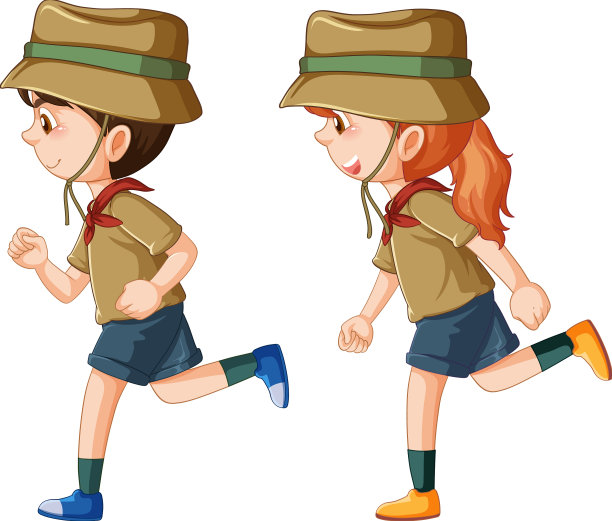 野营的孩子在白色背景上奔跑图片下载