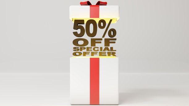 打开礼盒的3d渲染图，黄色的灯从里面出来，盖子和盒子之间的黑色3d字母写着“五折优惠”，白色背景和空白的文字。图片下载