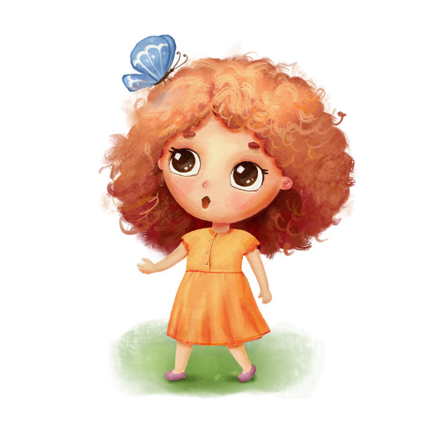 可爱的女孩在黄色连衣裙和蝴蝶在头上。滑稽的手绘卡通人物孤立在白色图片下载