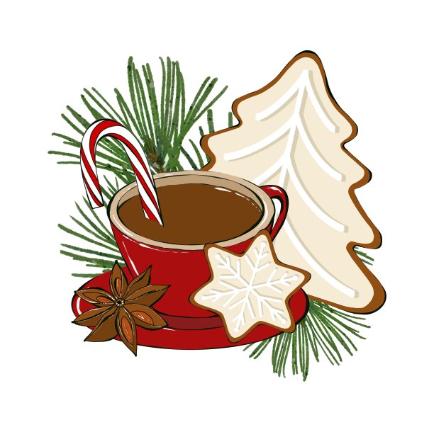 圣诞作文红杯咖啡和姜饼饼干。孤立的白色背景图片下载