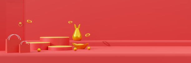 2023年中国新年兔子的象征，模板广告，网络，社会的优质产品展示，讲台，金兔子雕像和红色背景购物袋。三维渲染图片下载