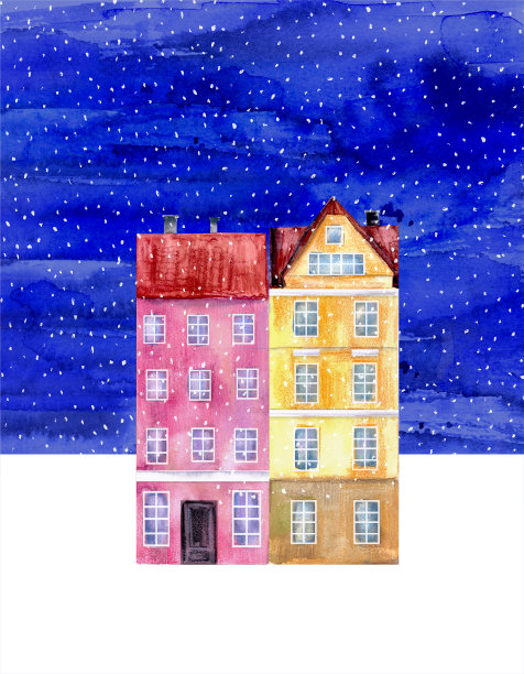 手绘水彩拼贴房屋，色彩鲜艳，冬夜的天空，雪花图片下载