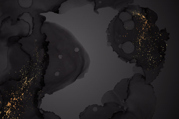 水彩背景与抽象的黑色墨水波和金色的飞溅。图片下载