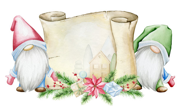 可爱的侏儒，旗帜，北欧装饰，针叶树树枝。水彩圣诞横幅，用于贺卡，在一个孤立的背景。图片下载