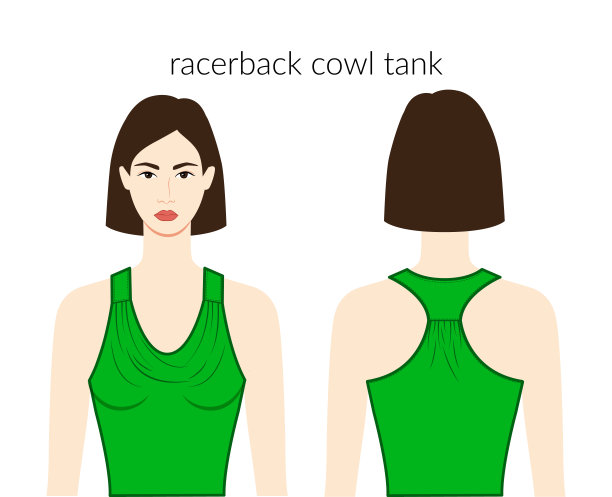 赛车罩领口坦克衣服性格美丽的女士在绿色上衣，衬衫，连衣裙技术时尚插画与合身的身体。平装模板正面、背面。女人，男人CAD模型图片下载