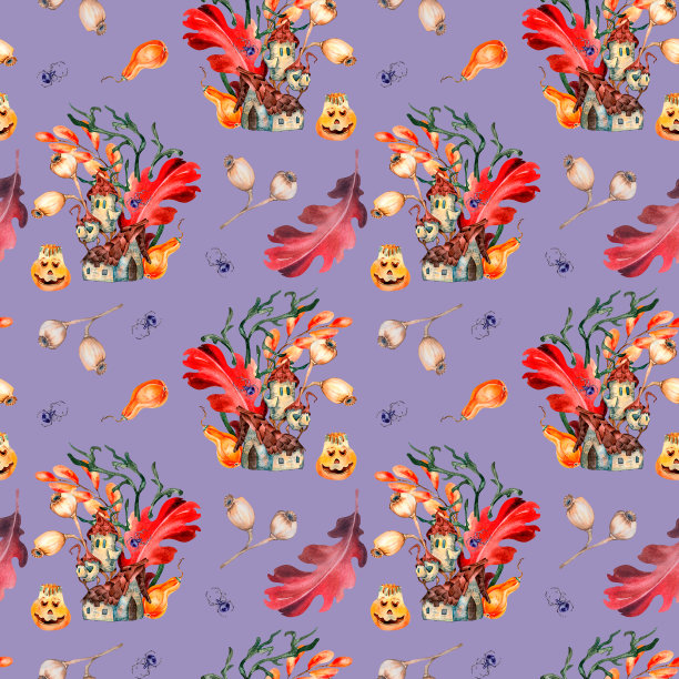 五颜六色的万圣节无缝图案可爱的房子水彩孤立的紫色。图片下载