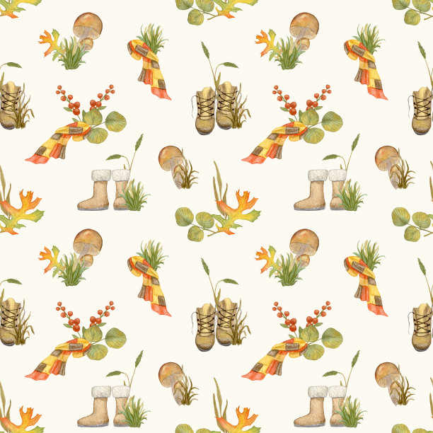 水彩秋季无缝图案与靴子和草中的蘑菇。《笼子里的橡树叶和橘围巾》秋天的心情。红色的浆果和草。纺织装饰及剪贴簿设计。图片下载