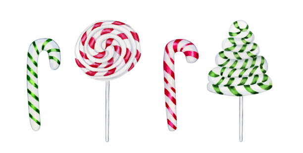 传统的圣诞糖果水彩套装。薄荷焦糖和苹果在棍子手绘假日剪贴画。明信片和新年菜单。图片下载
