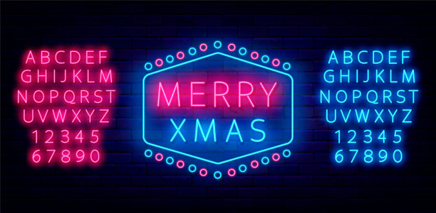 圣诞快乐霓虹灯招牌。带有圆圈的复古框架。庆祝贺卡。向量股票插图图片下载