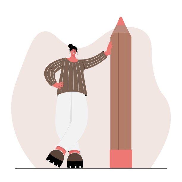 一位美丽的女艺术家站在一支巨大的铅笔旁边。创造性的矢量图图片下载