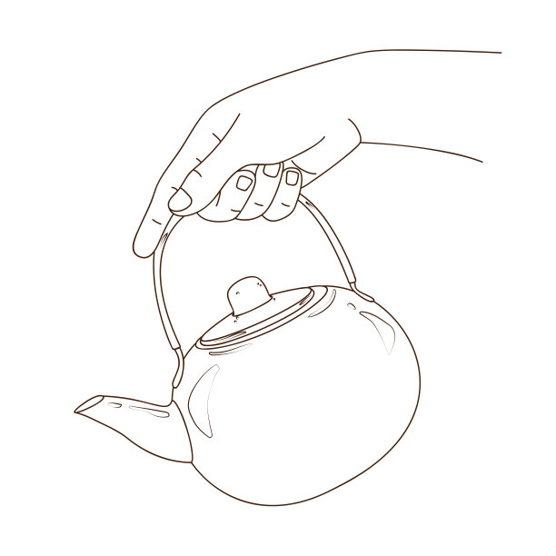 手拿茶壶泡茶。奉茶。金属水壶的特写。厨房用具。用于菜单设计，食谱，厨房用品标志，贴纸，网站。用来烧水的锅。草图图片下载