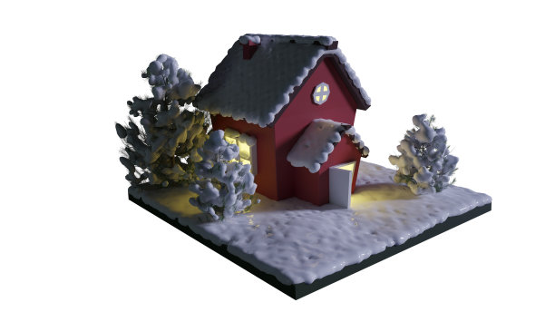 一个被雪覆盖的房子的3D渲染图像图片下载