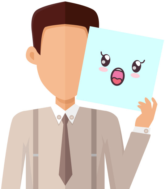商人拿着可爱的卡哇伊逗乐脸的照片。男性角色表现出惊讶的情绪图片下载