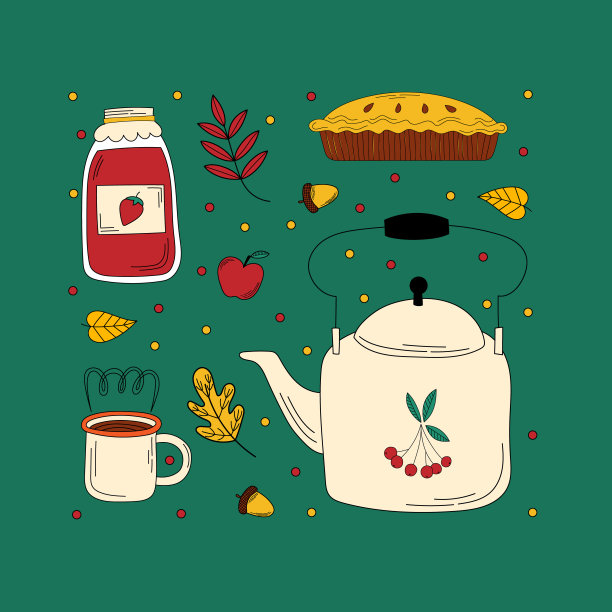 一套可爱的秋天元素。你好，秋天，秋天的季节图标集合。手绘矢量涂鸦。图片下载