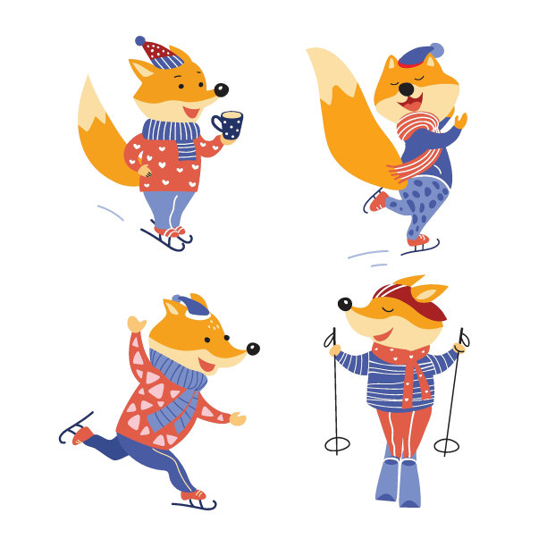 一群穿着溜冰鞋和滑雪板的可爱卡通狐狸。冬季运动。假期。图片下载