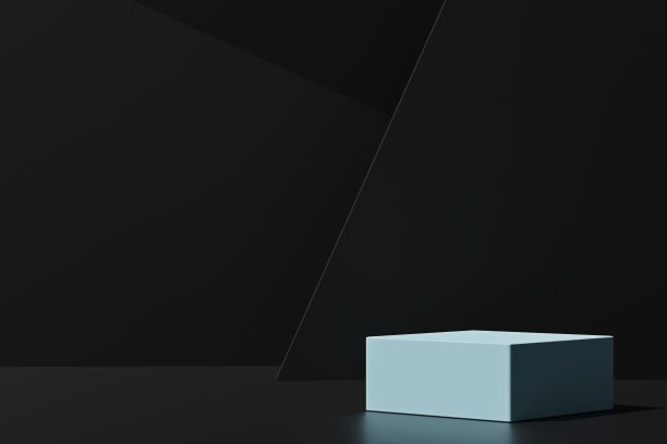 蓝色正方形讲台在黑色背景，3d渲染图片下载