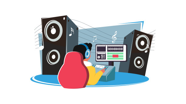 作曲家在工作场所用电脑、专业设备、软件矢量插图创作和录制音乐。音乐家的想法图片下载