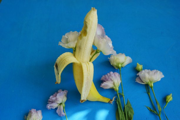 蓝色背景下的香蕉和花朵。图片下载