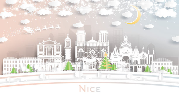 尼斯法国城市天际线剪纸风格雪花，月亮和霓虹花环。图片下载