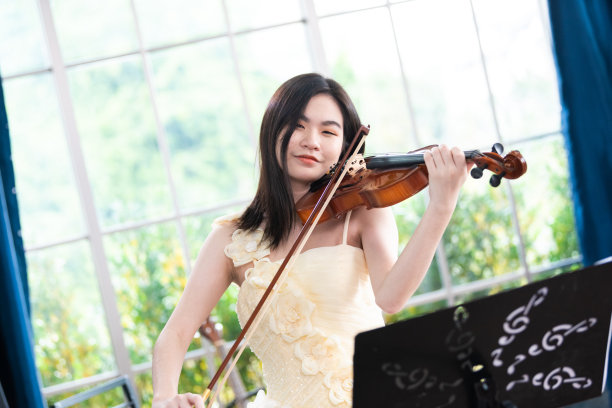 女小提琴手:一位正在拉小提琴的年轻女子的肖像。图片下载